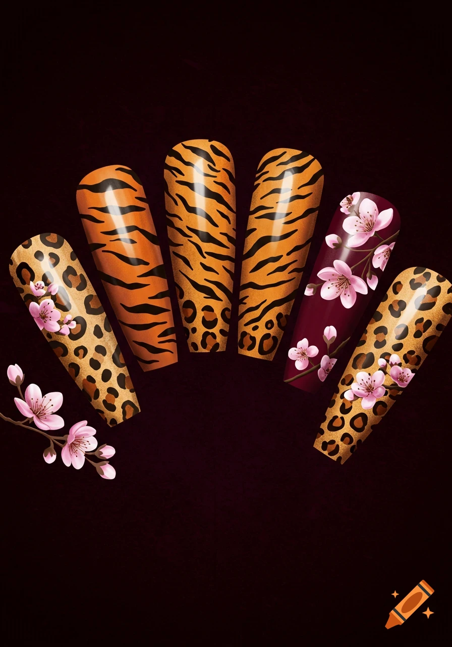 False nails with tiger and leopard prints and cherry blossoms
