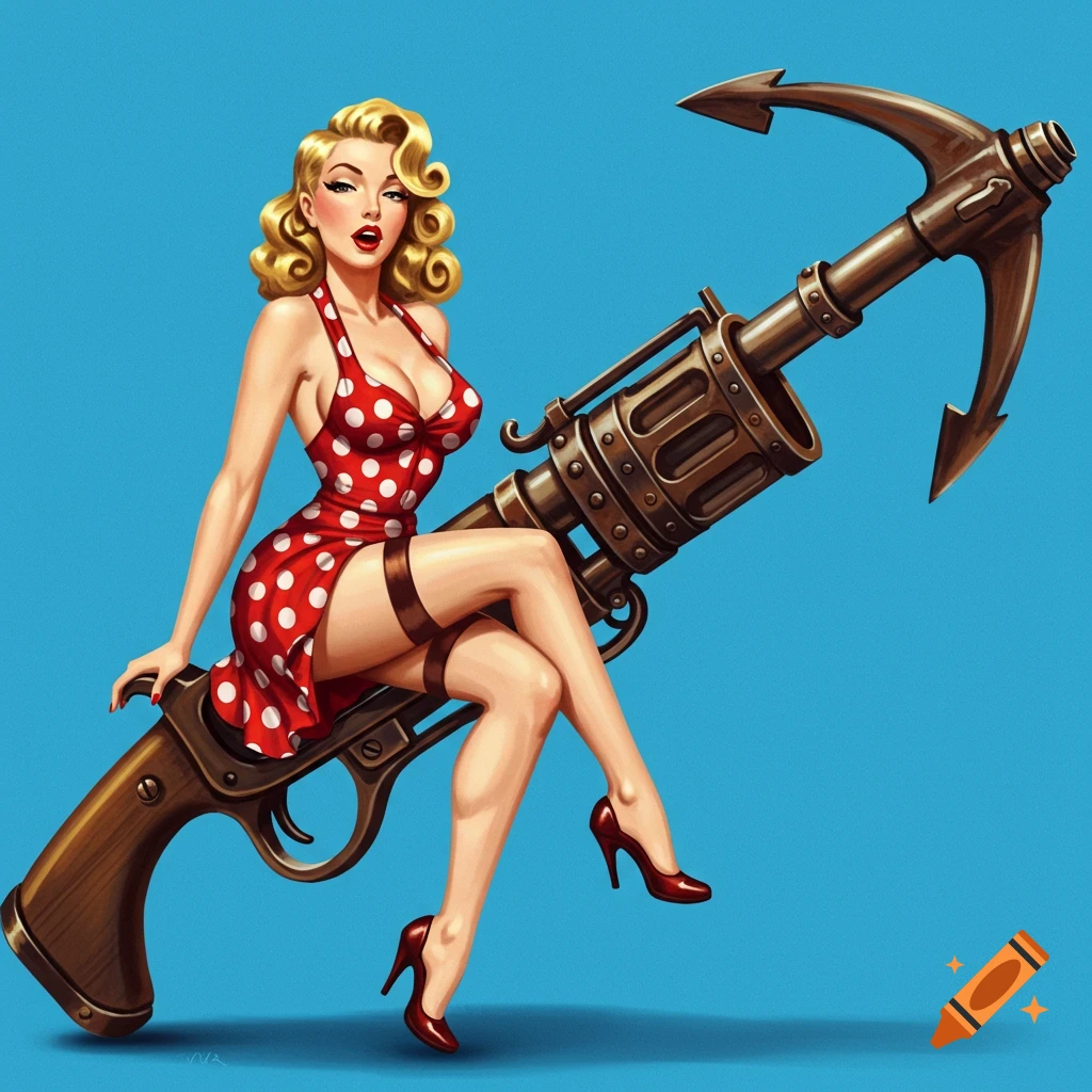 Pin-up style illustration of a woman in a red polka dot dress sitting on a large harpoon gun.