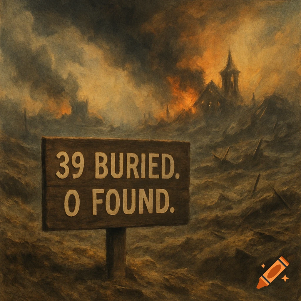 A sign reads '39 Buried. 0 Found.' in a desolate, fiery landscape with ruined buildings.