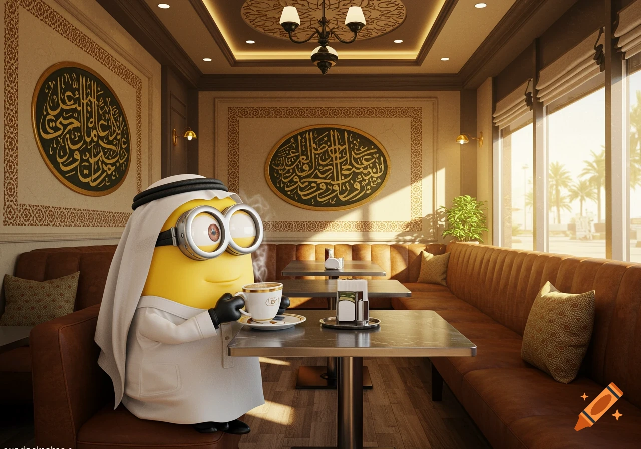 A Minion in a thobe and keffiyeh sits in a coffee shop, holding a coffee cup.