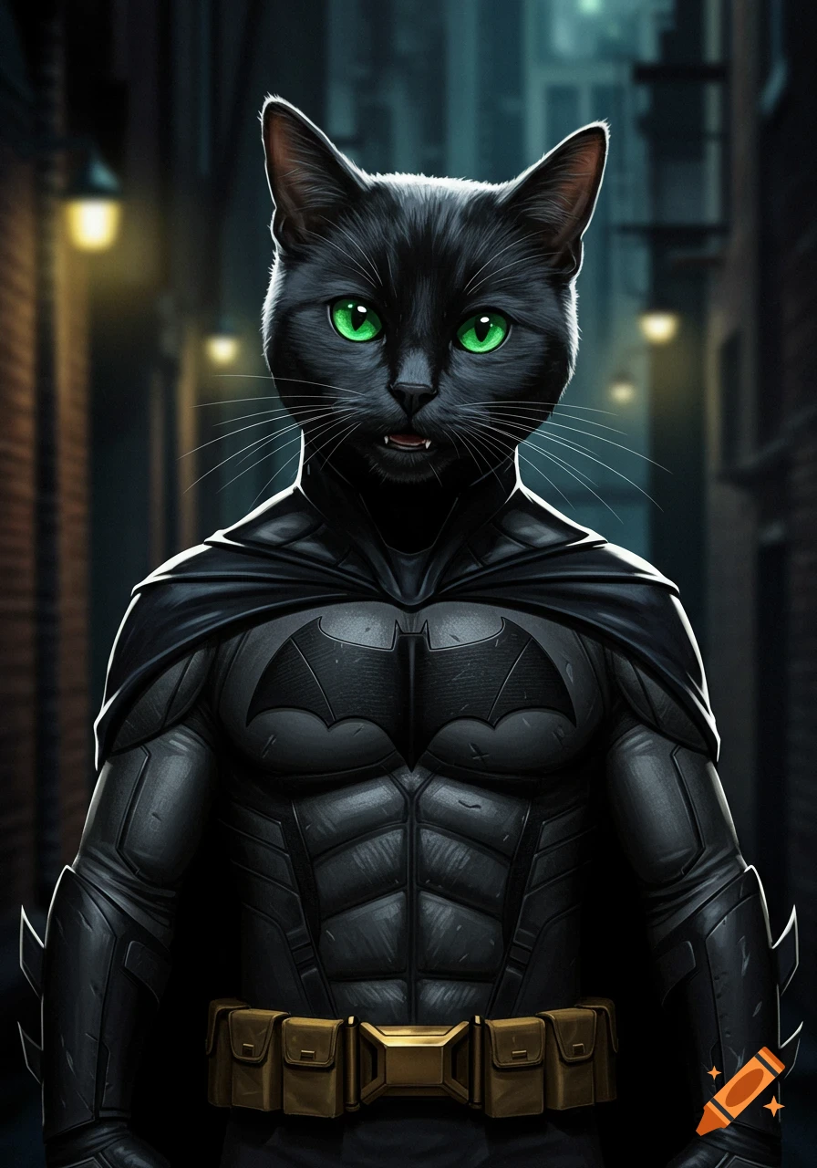 A black cat with green eyes wears a detailed black Batman costume and cape, standing in a dark alley.