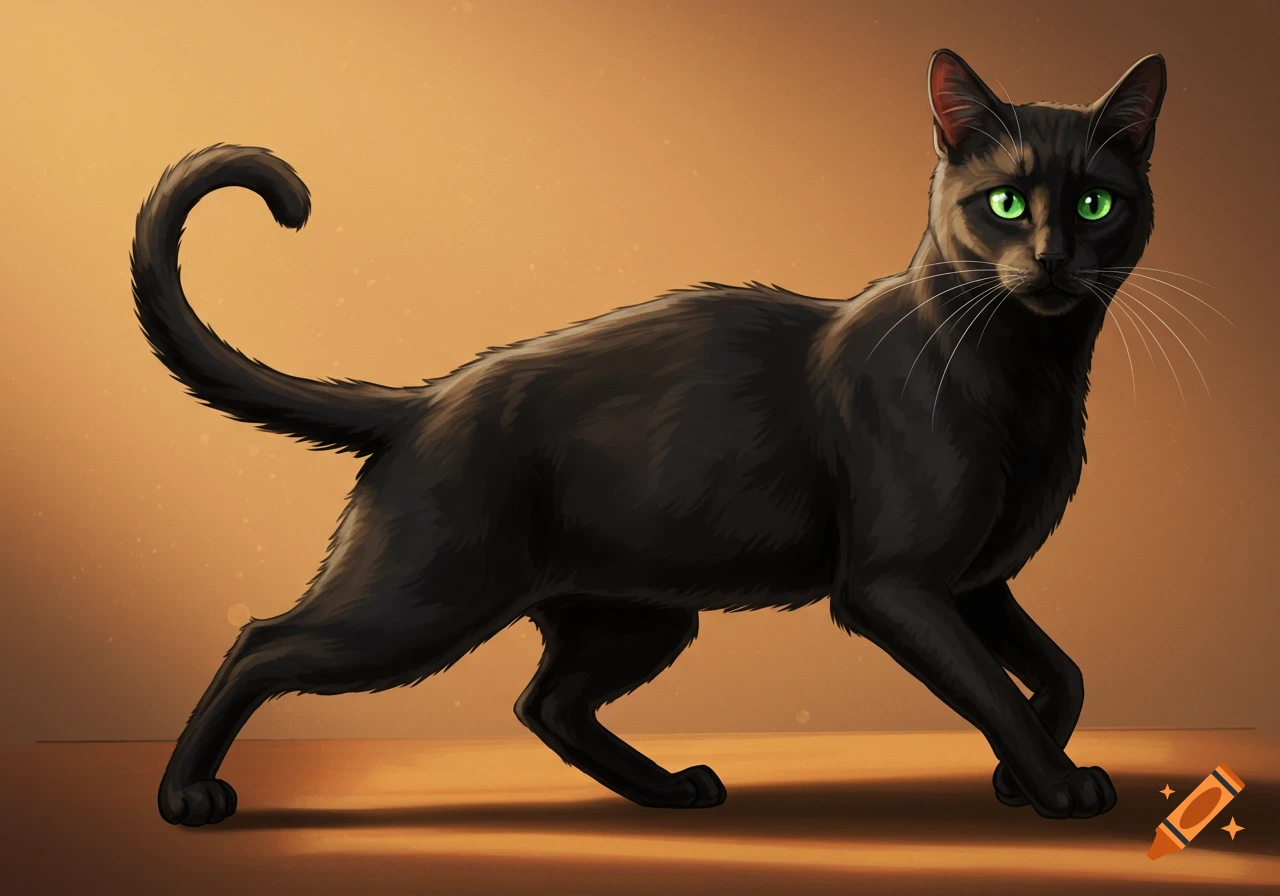 Illustration of a black cat with striking green eyes standing.