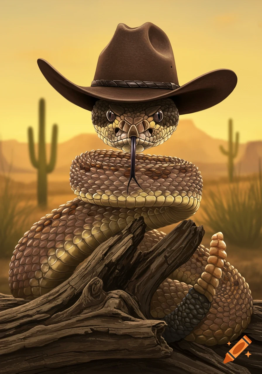 A rattlesnake wearing a cowboy hat sits on a log in a desert scene.