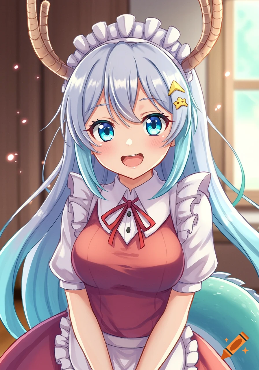 Anime girl with light blue hair, dragon horns, and tail in a maid outfit
