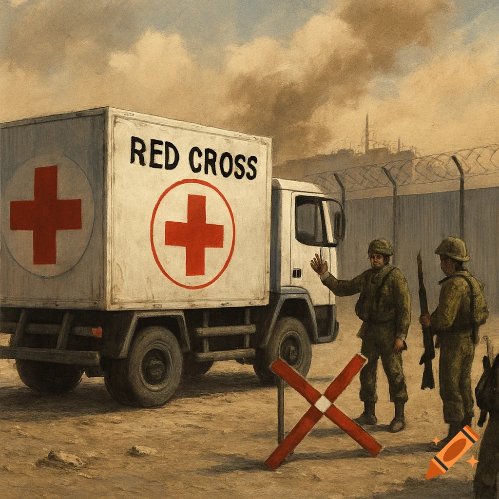 A Red Cross truck stopped by soldiers near a fence in a desert area.