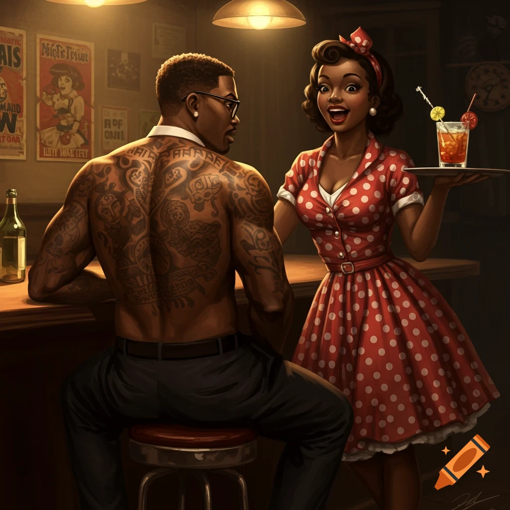 A man with tattoos sits at a bar as a woman in a pinup dress serves him a drink. Illustration style.