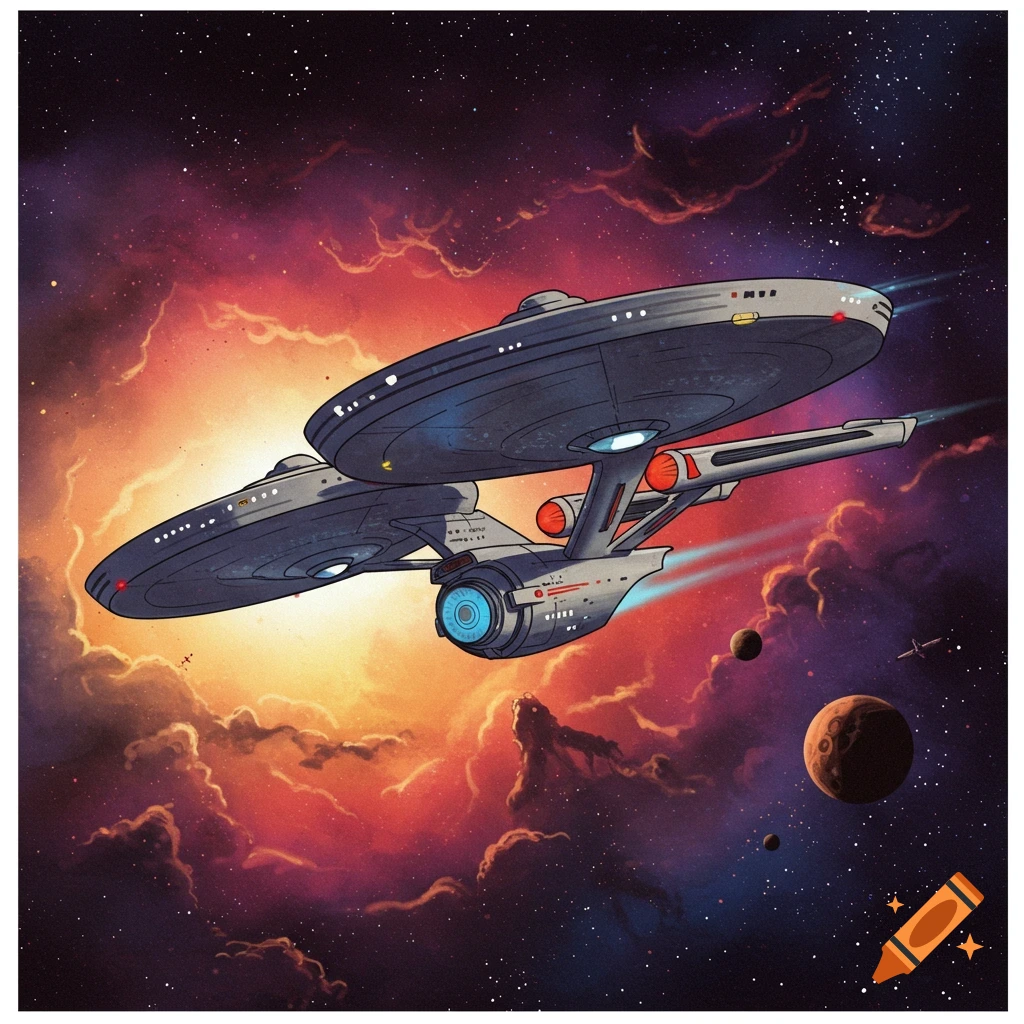 Illustration of the Starship Enterprise flying through a colorful space nebula with planets.