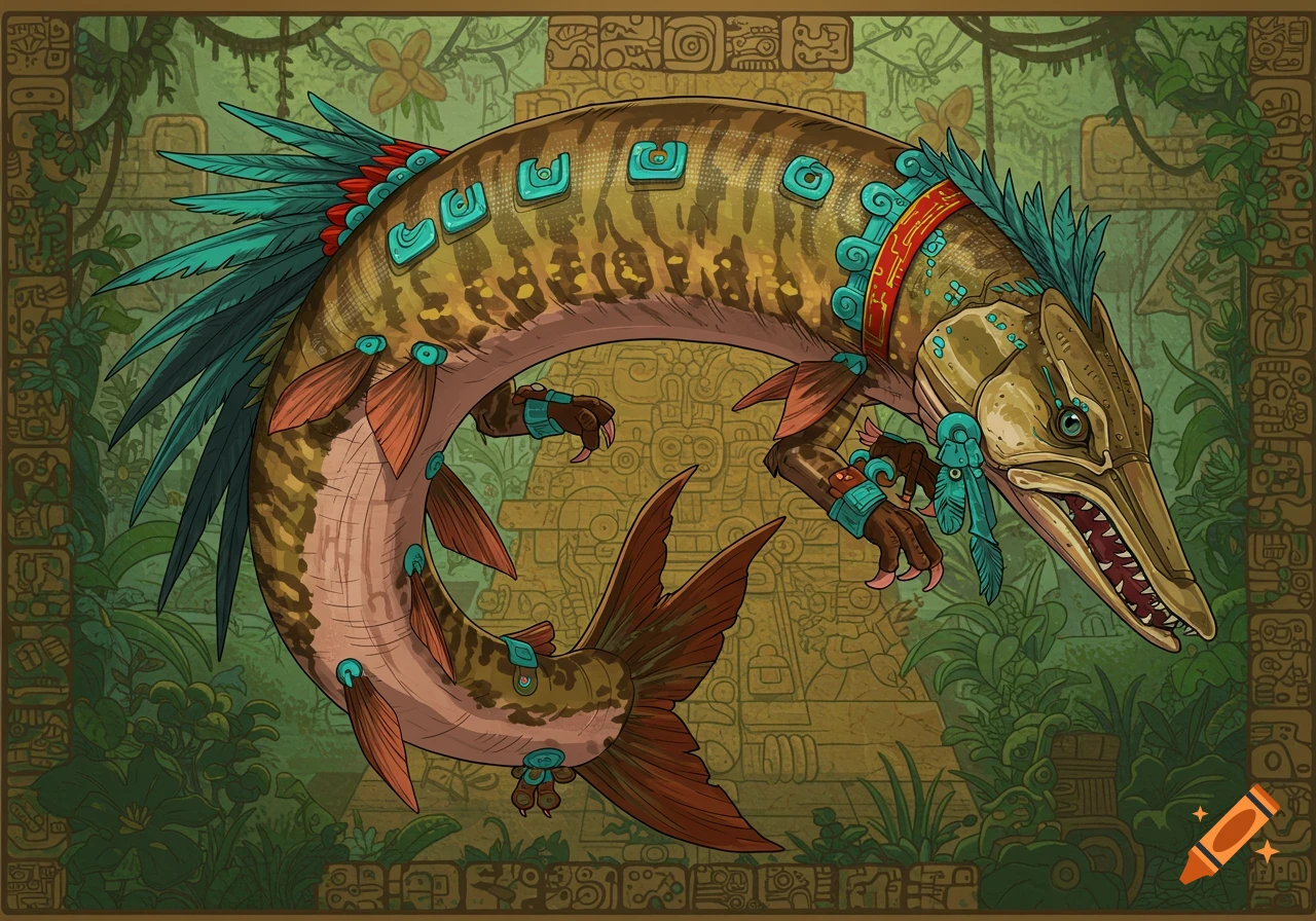 A stylized fantasy creature resembling a fish with claws and feathers, set against an Aztec temple background.