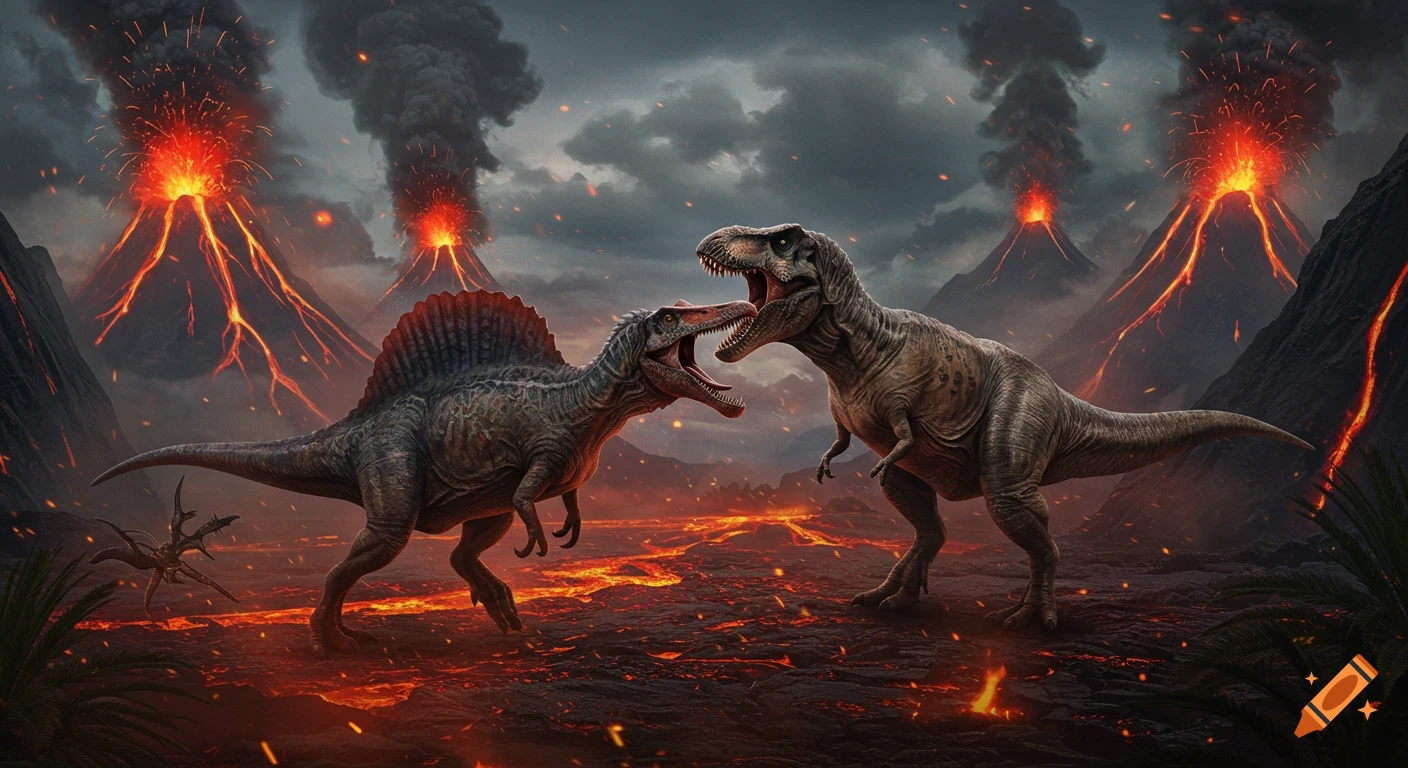 A T-Rex fights a Spinosaurus in a volcanic landscape with erupting volcanoes and flowing lava.