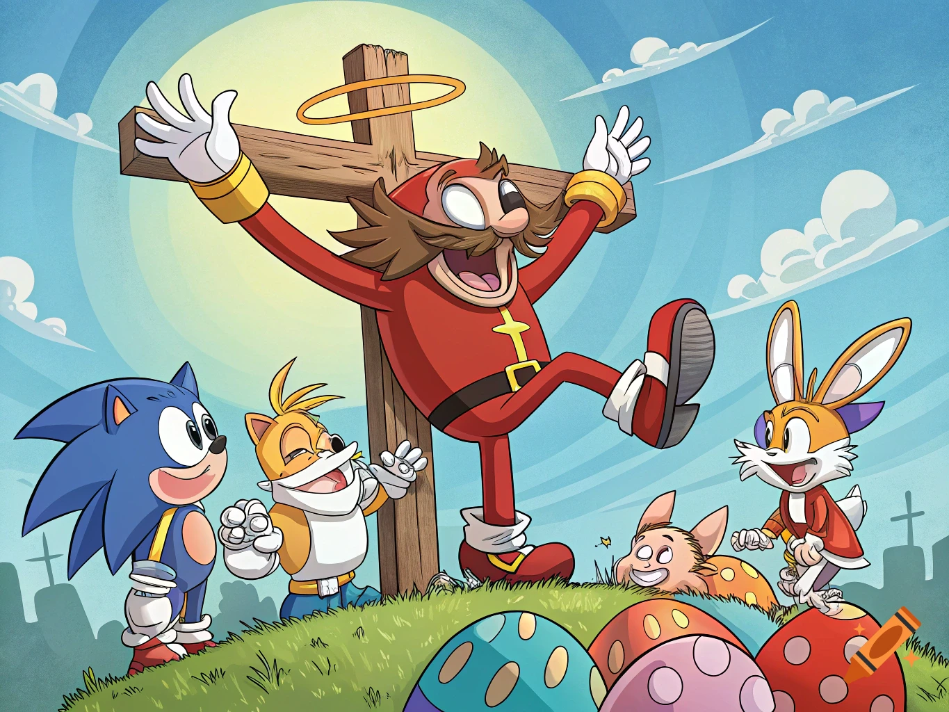 Cartoon Dr. Eggman crucified with halo, watched by Sonic, Tails, Cream, and Chao, near Easter eggs in graveyard.