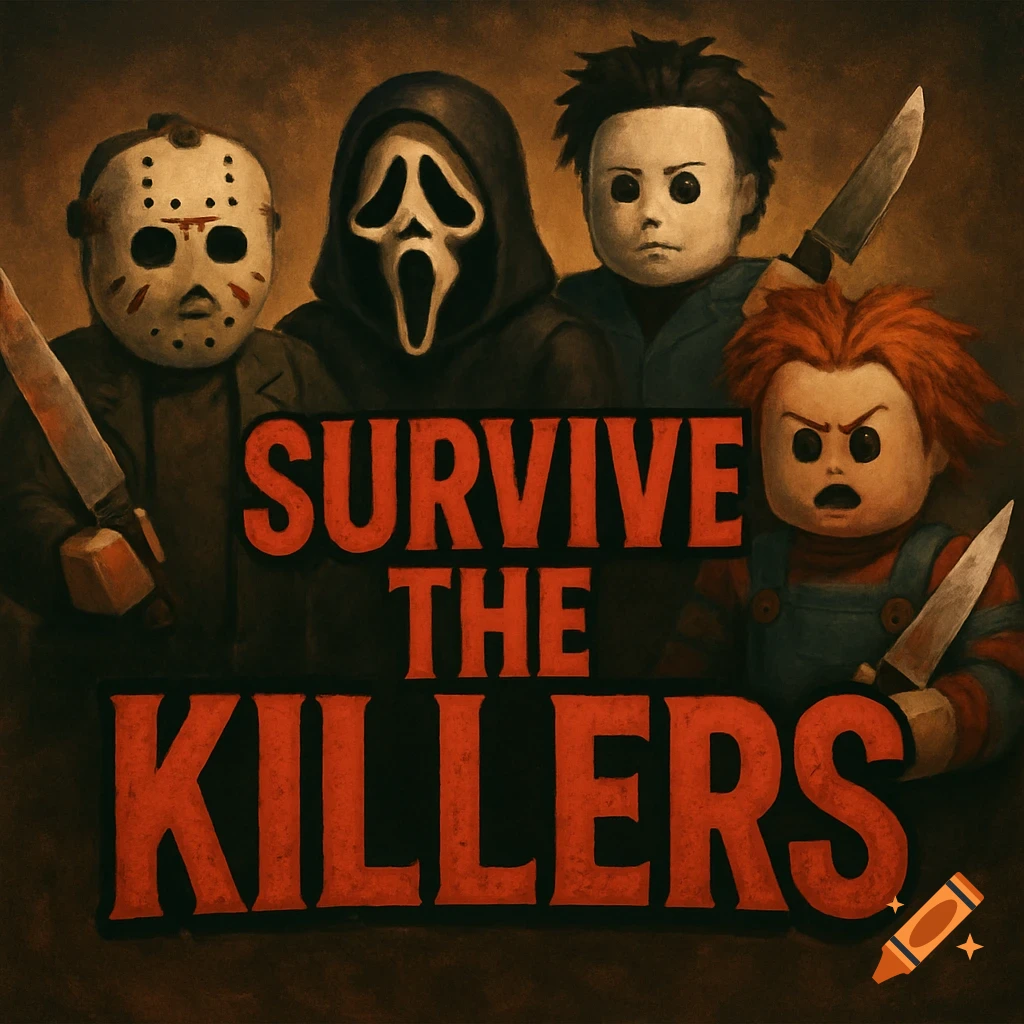 Stylized horror characters including Jason, Ghostface, Michael Myers, and Chucky with knives, under the text 'SURVIVE THE KILLERS'.