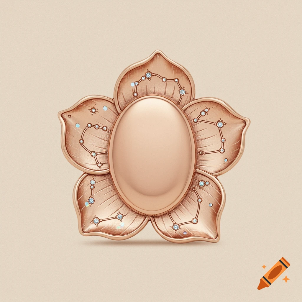 Rose gold flower-shaped locket with constellation patterns and diamonds on petals against a beige background.