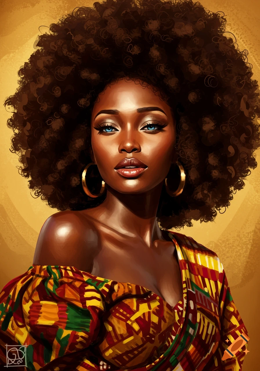 Beautiful artistic portrait of an African woman with a large afro and blue eyes, wearing colorful traditional clothing.