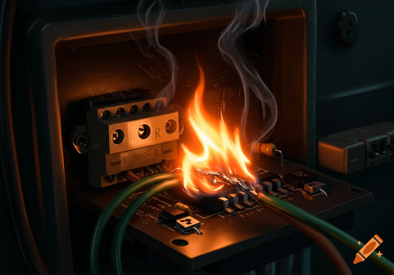 A close-up shot of an electrical board with a wire on fire, showing flames and smoke.