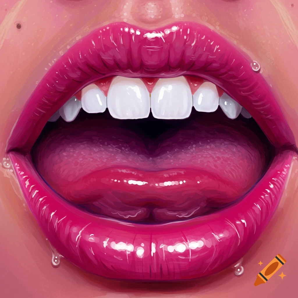 Close-up illustration of an open mouth with pink lips, white teeth, and visible tongue.