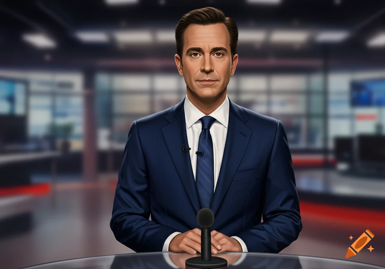 A man in a suit sits at a news desk with a microphone.