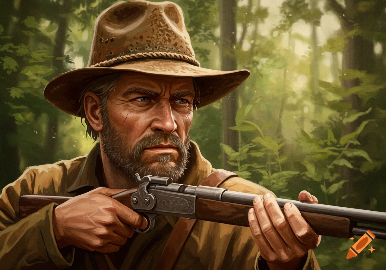 Bearded man in hat holds rifle in forest, digital painting.