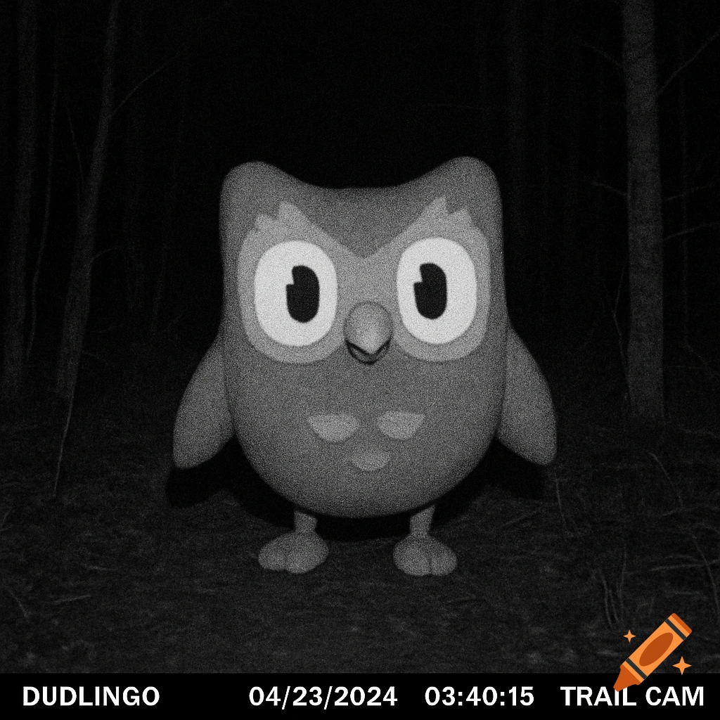 Duolingo owl stands in a dark forest at night, captured by a grainy trail camera, with time and date text at the bottom.