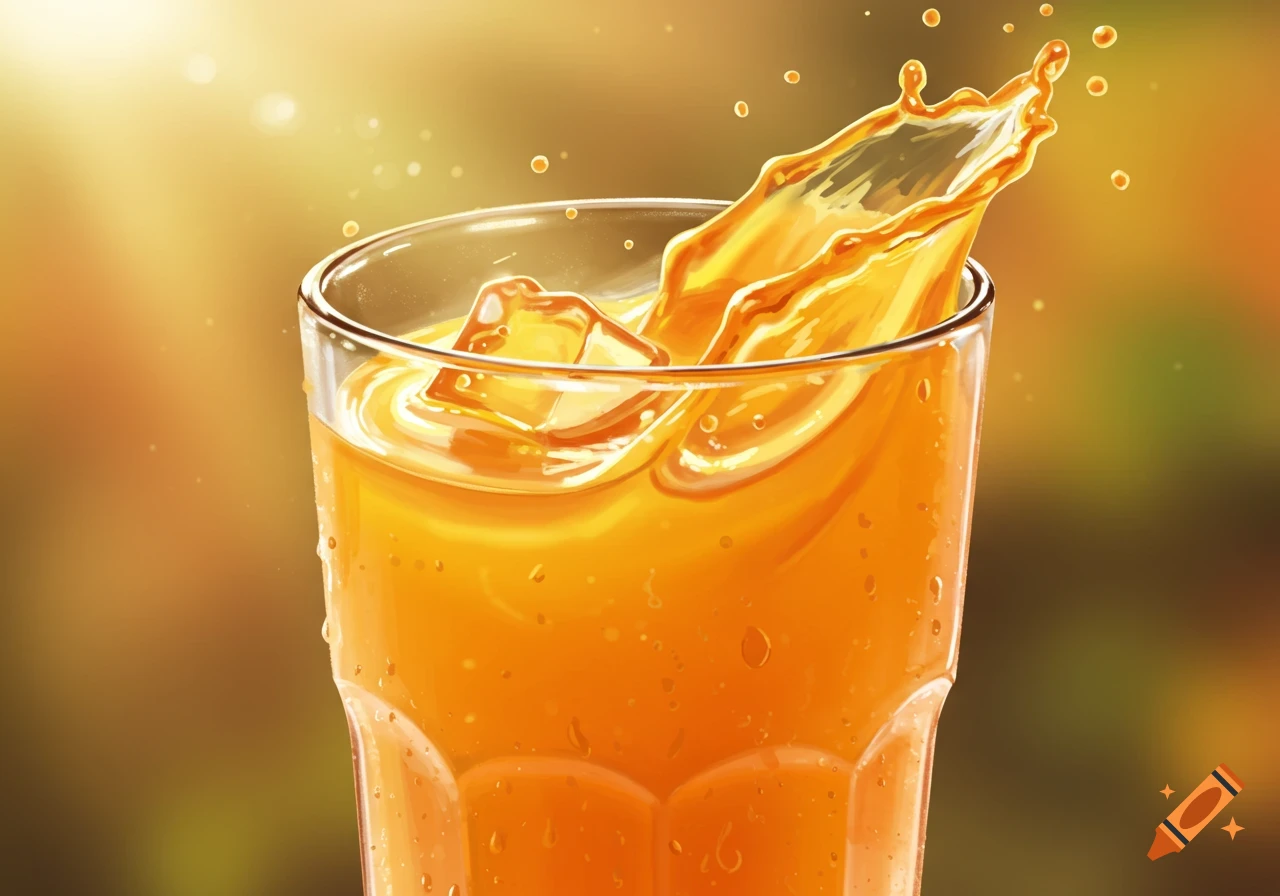 Close-up illustration of orange juice with ice cubes and a splash.