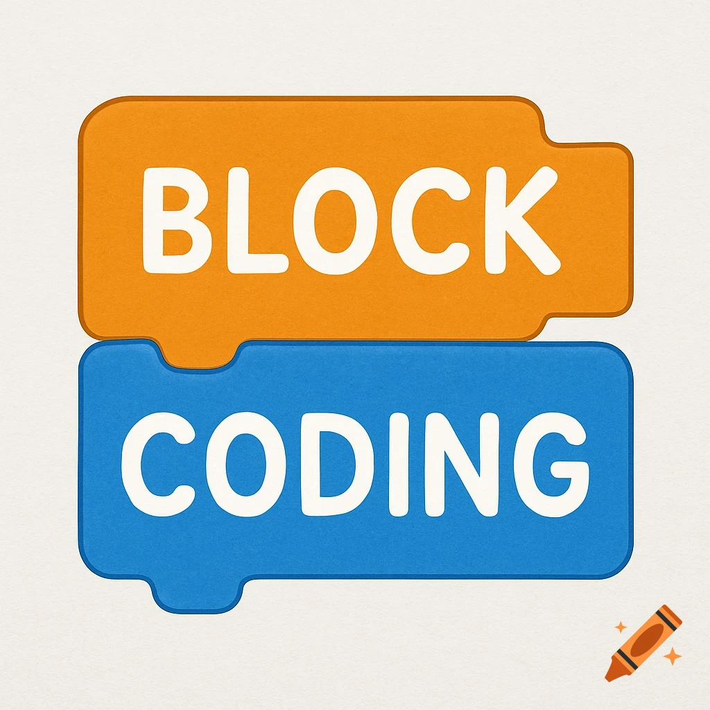 Orange and blue coding blocks with 'BLOCK CODING'