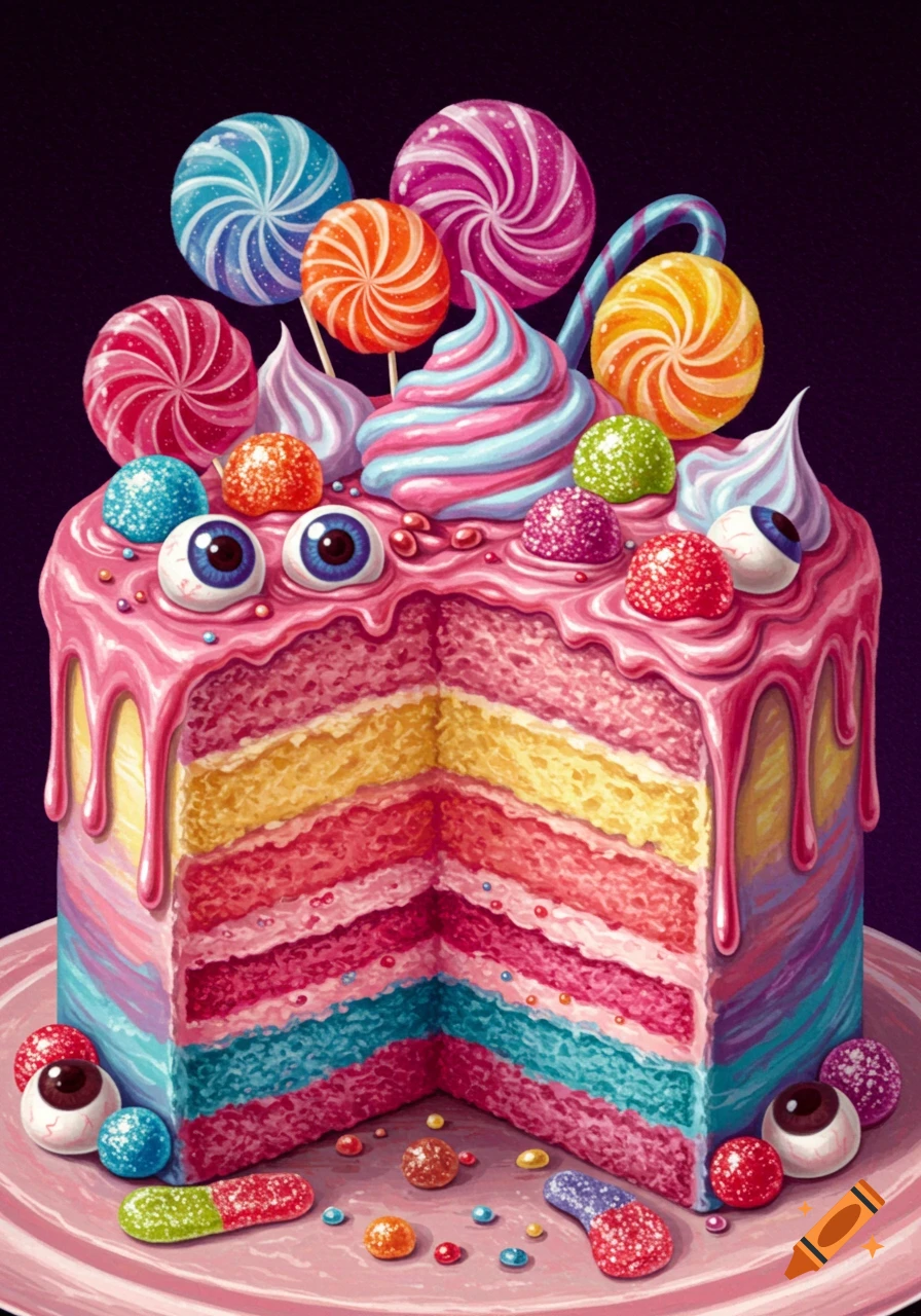 Colorful layered cake decorated with candy, lollipops, and cartoon eyeballs in an illustrative style.
