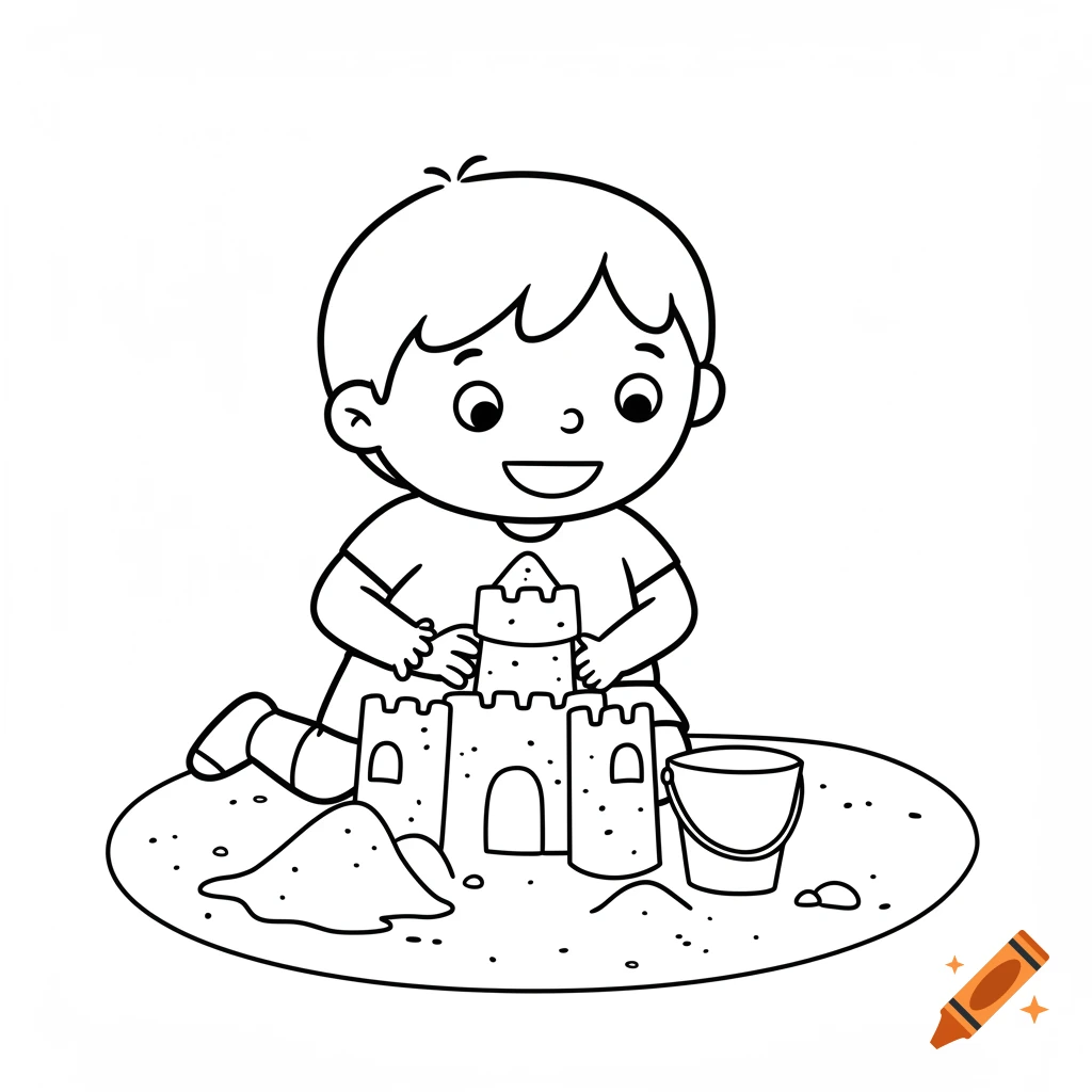 Black and white line art of a smiling child building a sandcastle.