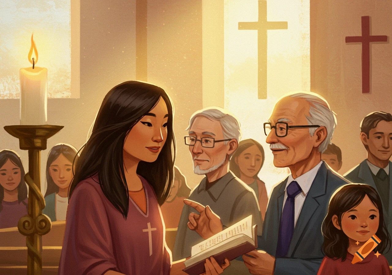 Illustration of people gathered in a church, a woman holding a book speaks to two men.