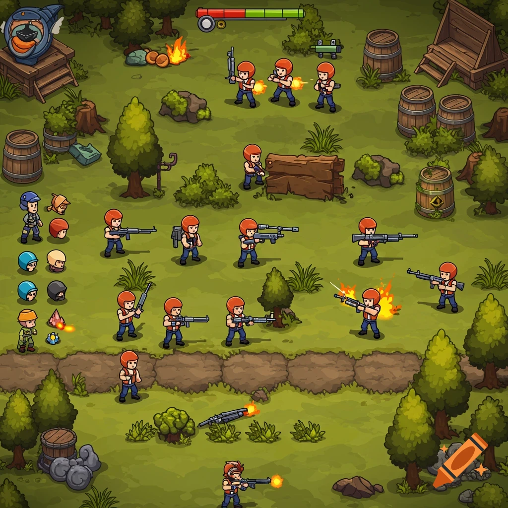 Top-down 2D game assets illustration with cartoon soldiers, guns, trees, and barrels.
