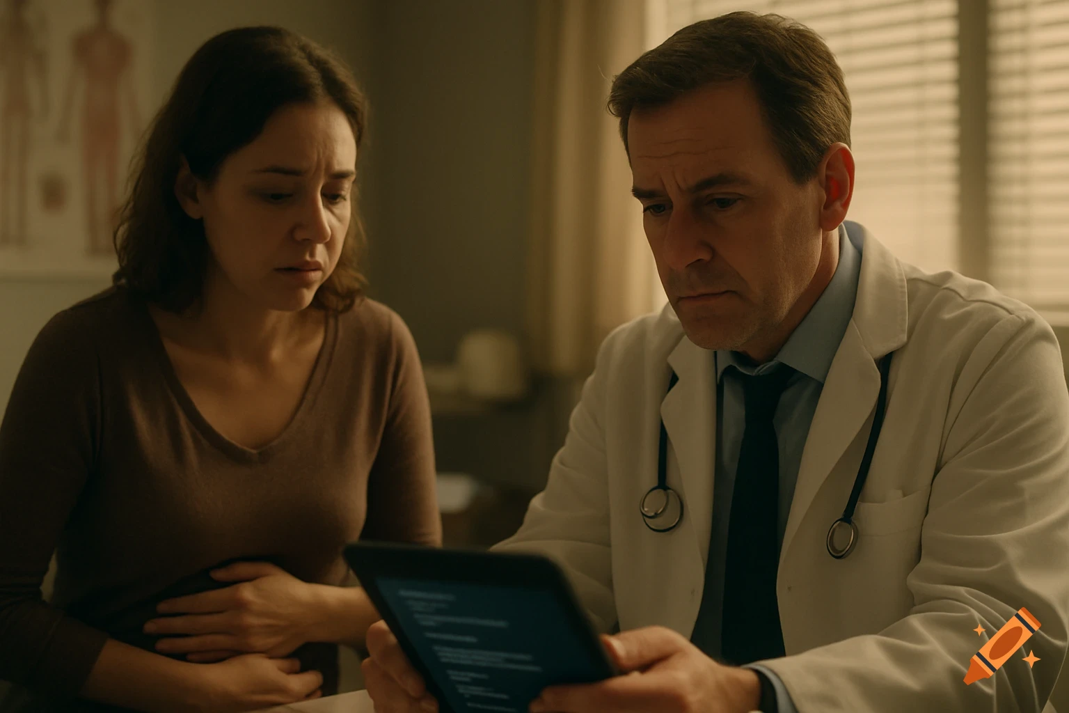 Doctor looks at a tablet while patient holds her stomach in a clinic.