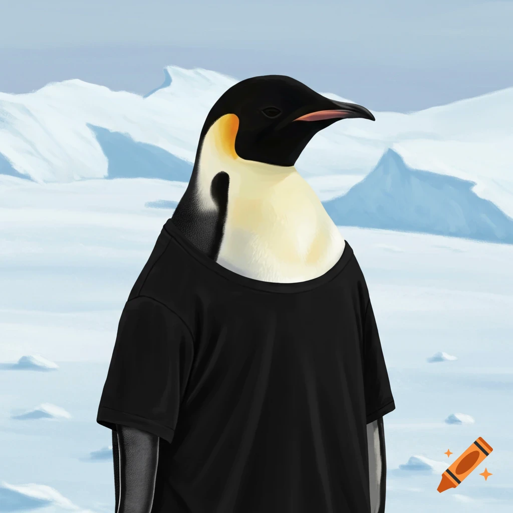 A realistic penguin in a black t-shirt stands in an arctic landscape.