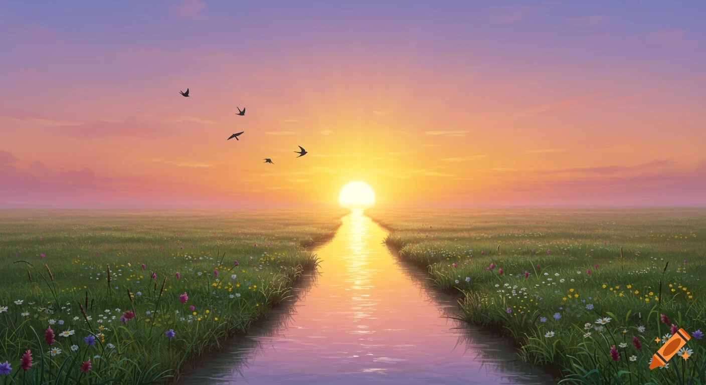 Painterly landscape of a river flowing through a flower meadow towards a large sunrise, with birds flying overhead.