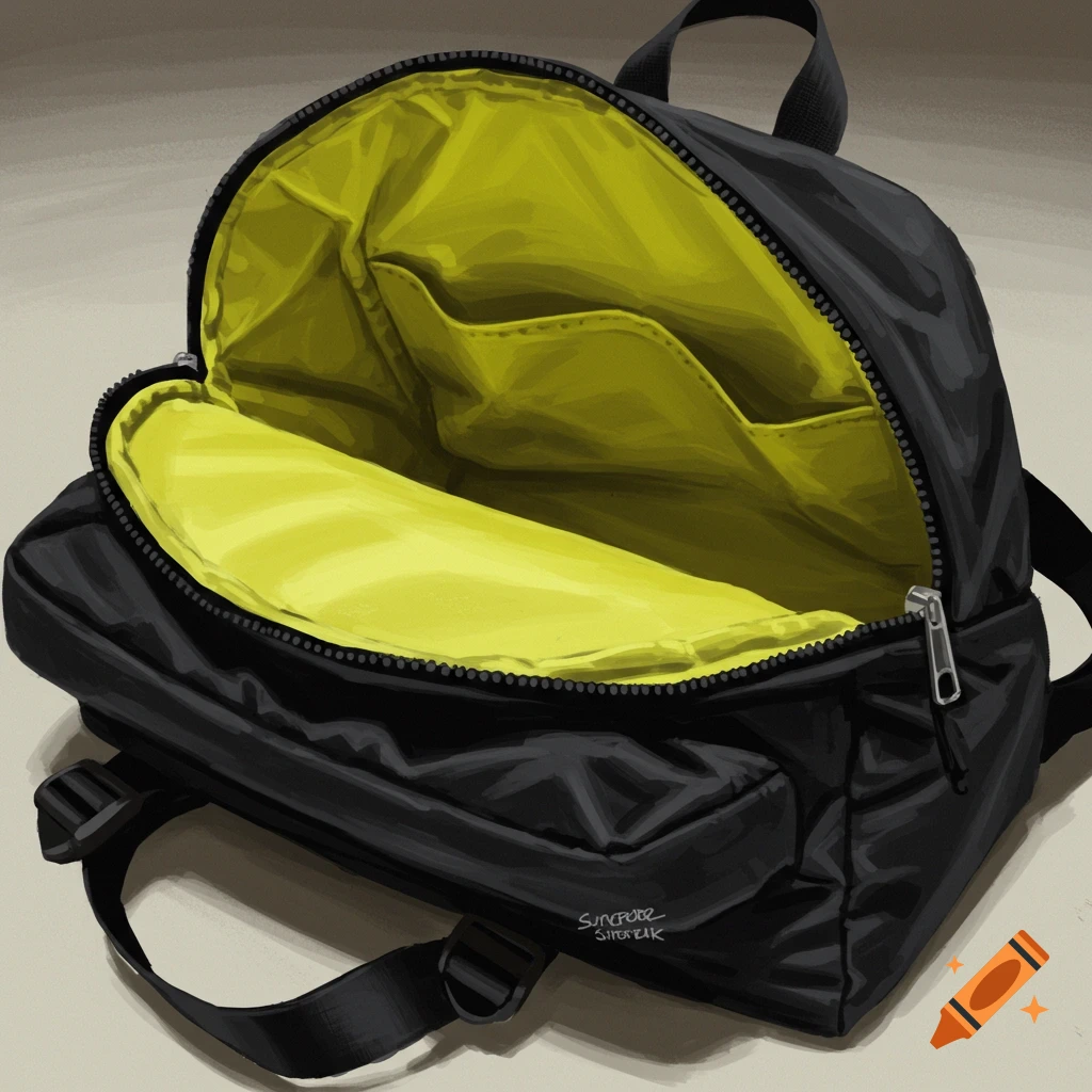 A black backpack is turned inside out, revealing a bright yellow interior, in a painterly style.