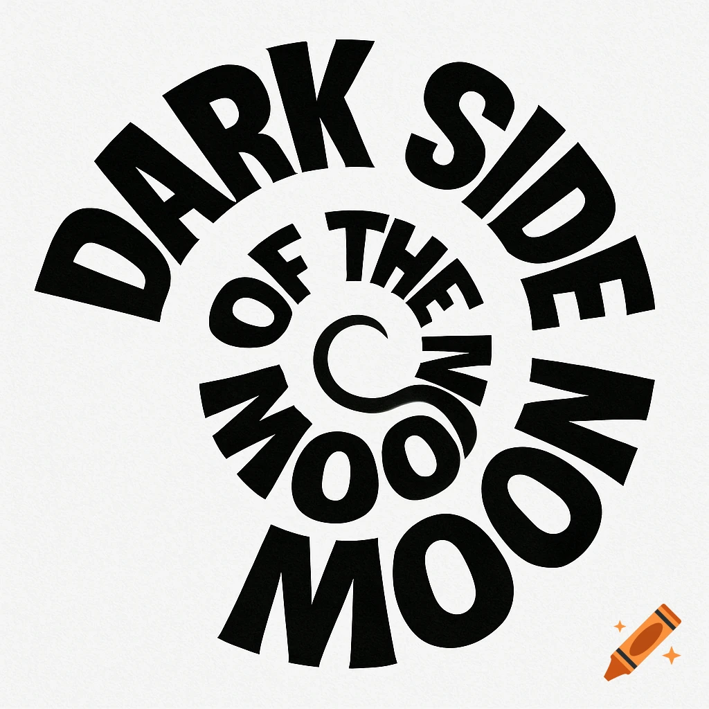 Black and white typography shaped in a spiral reading "DARK SIDE OF THE MOON".