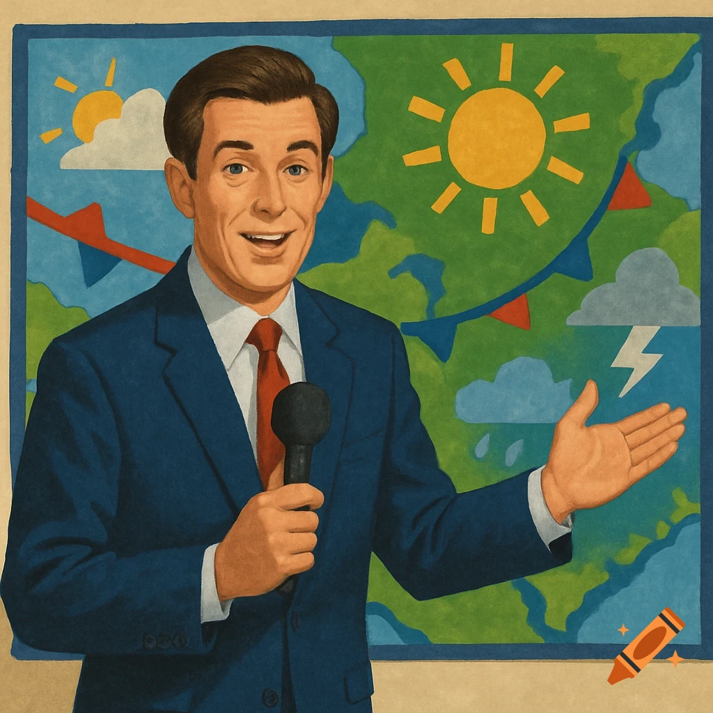 A man in a suit stands in front of a weather map holding a microphone.