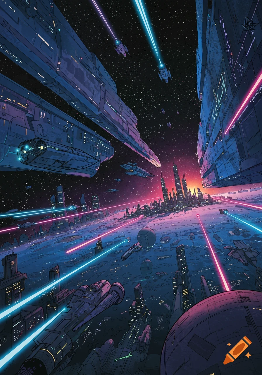 Illustrative wide shot of spaceships and laser beams flying around a futuristic city on a planet.