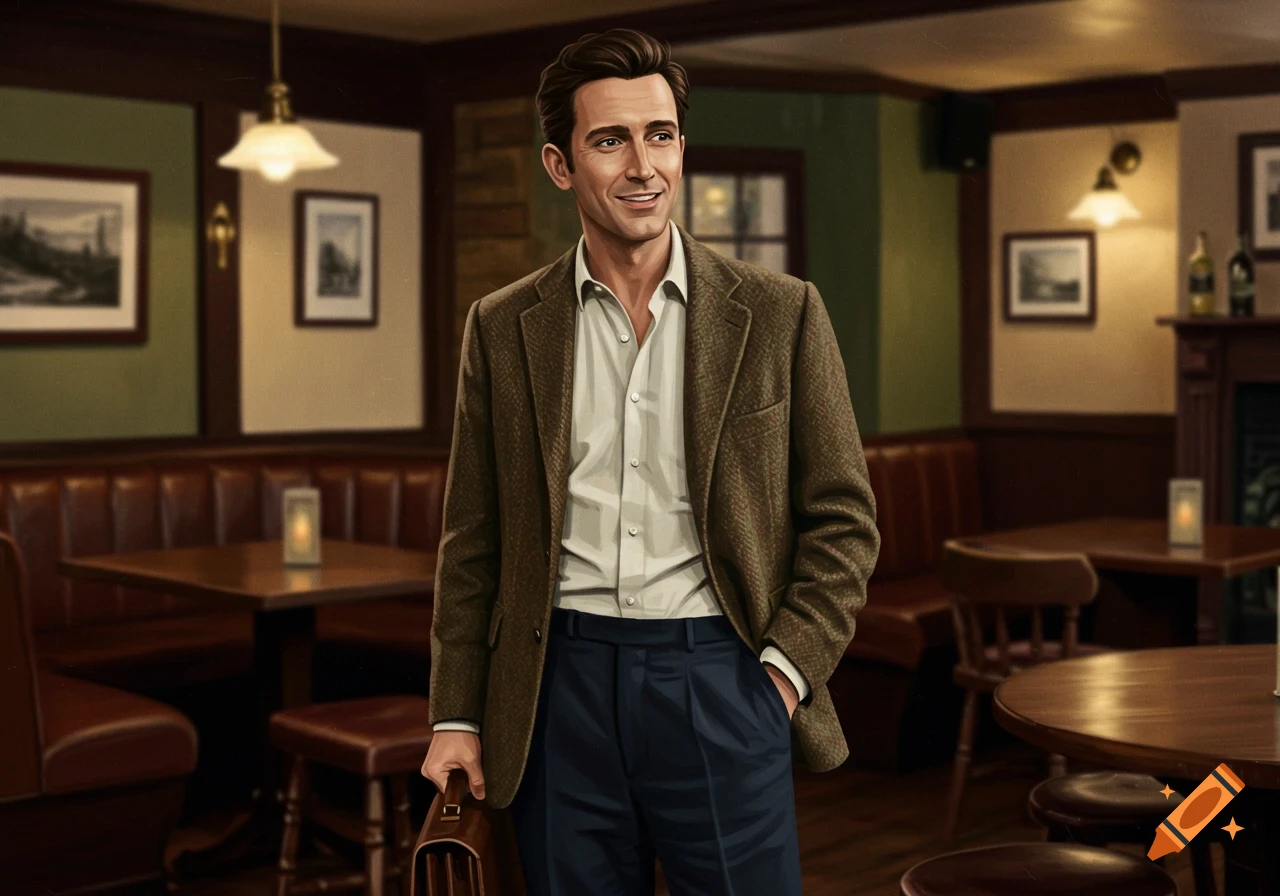 A man in a tweed jacket stands in a pub holding a briefcas