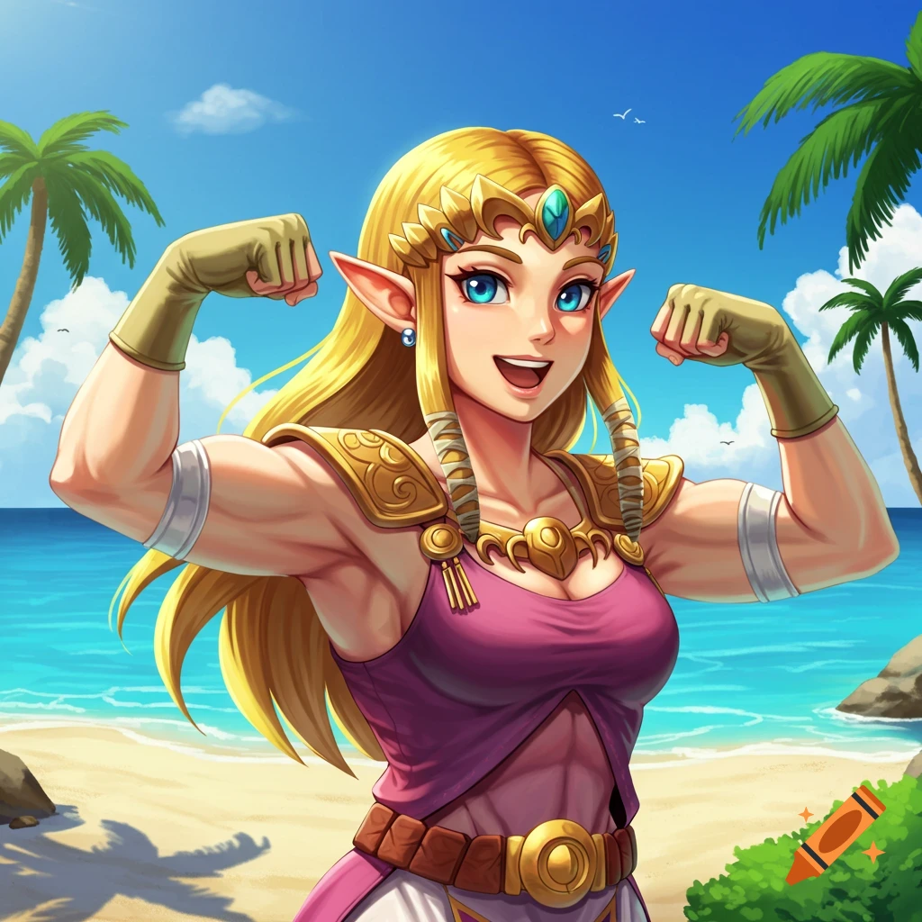 Muscular Princess Zelda flexing her arms on a beach in a vibrant game art style.
