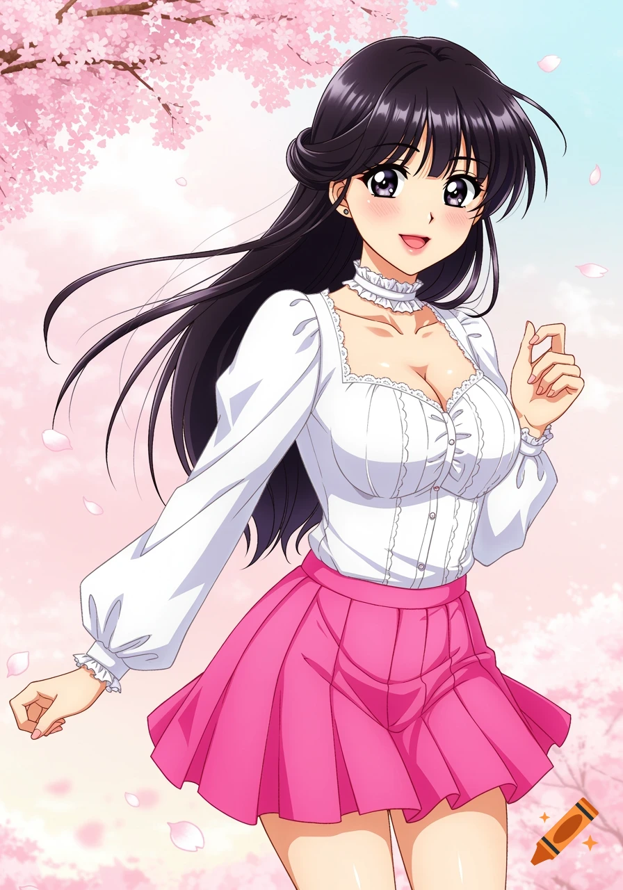 Anime girl in pink skirt and white blouse under cherry blossoms
