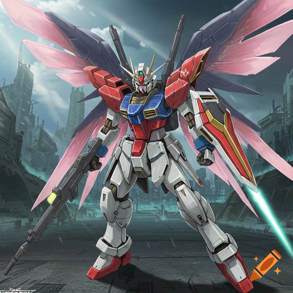 A giant red, white, and blue winged robot with a shield and rifle stands in a ruined city.