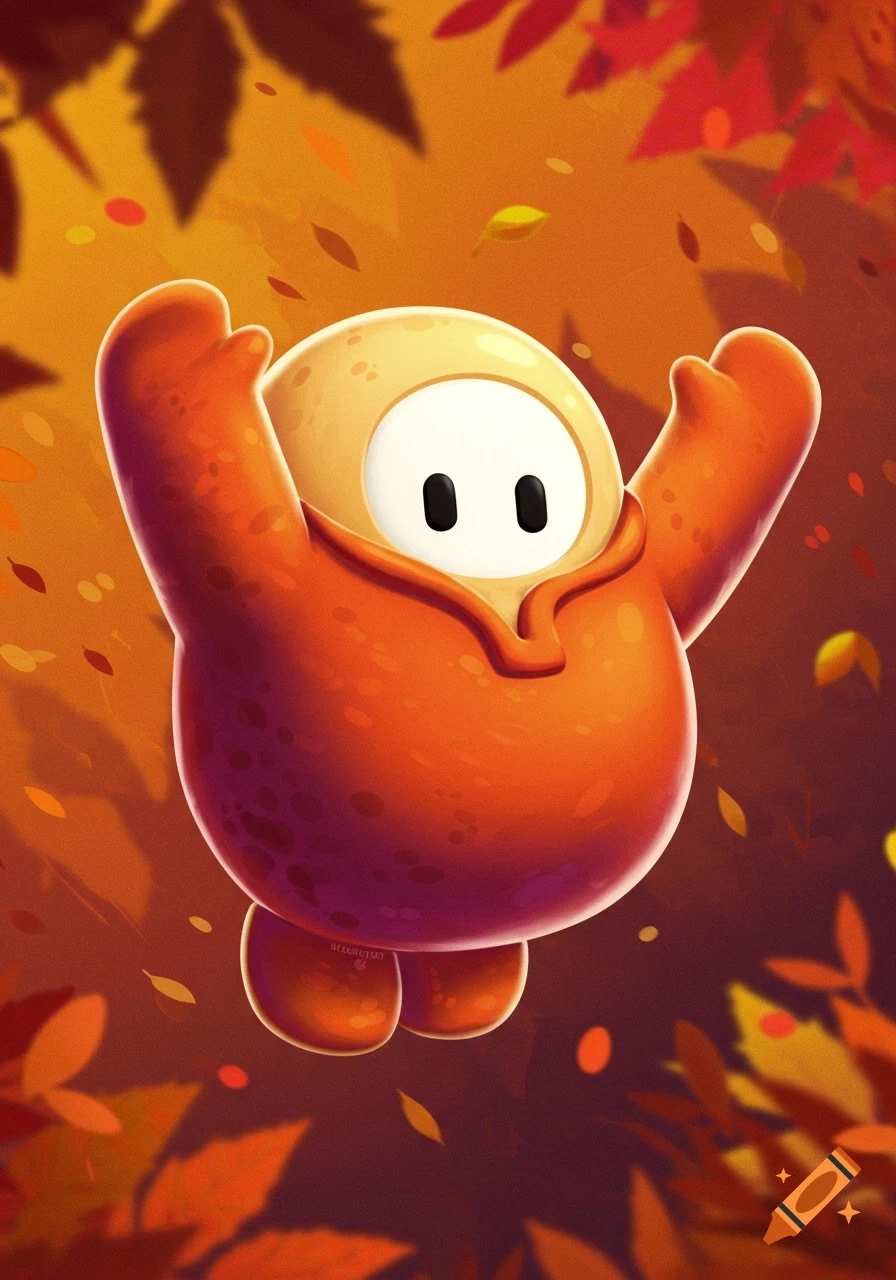 A Fall Guy bean character with arms raised, surrounded by falling autumn leaves.