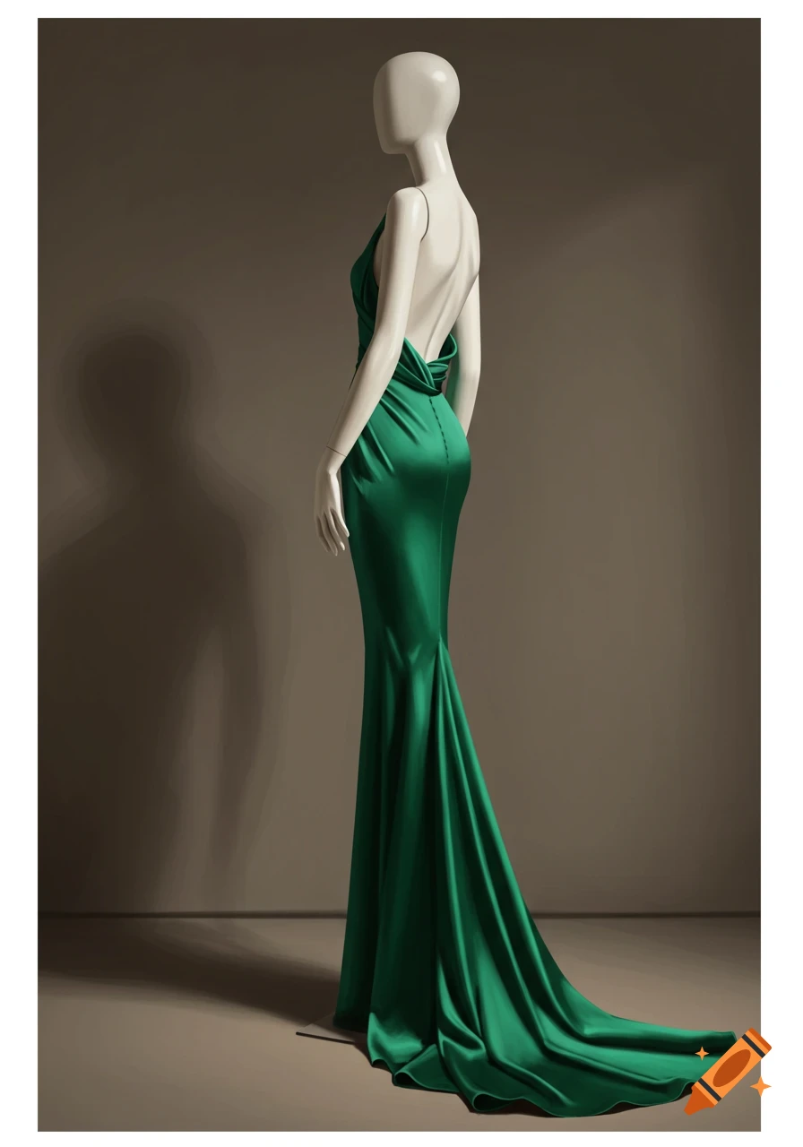 Mannequin in a long green backless dress with a train