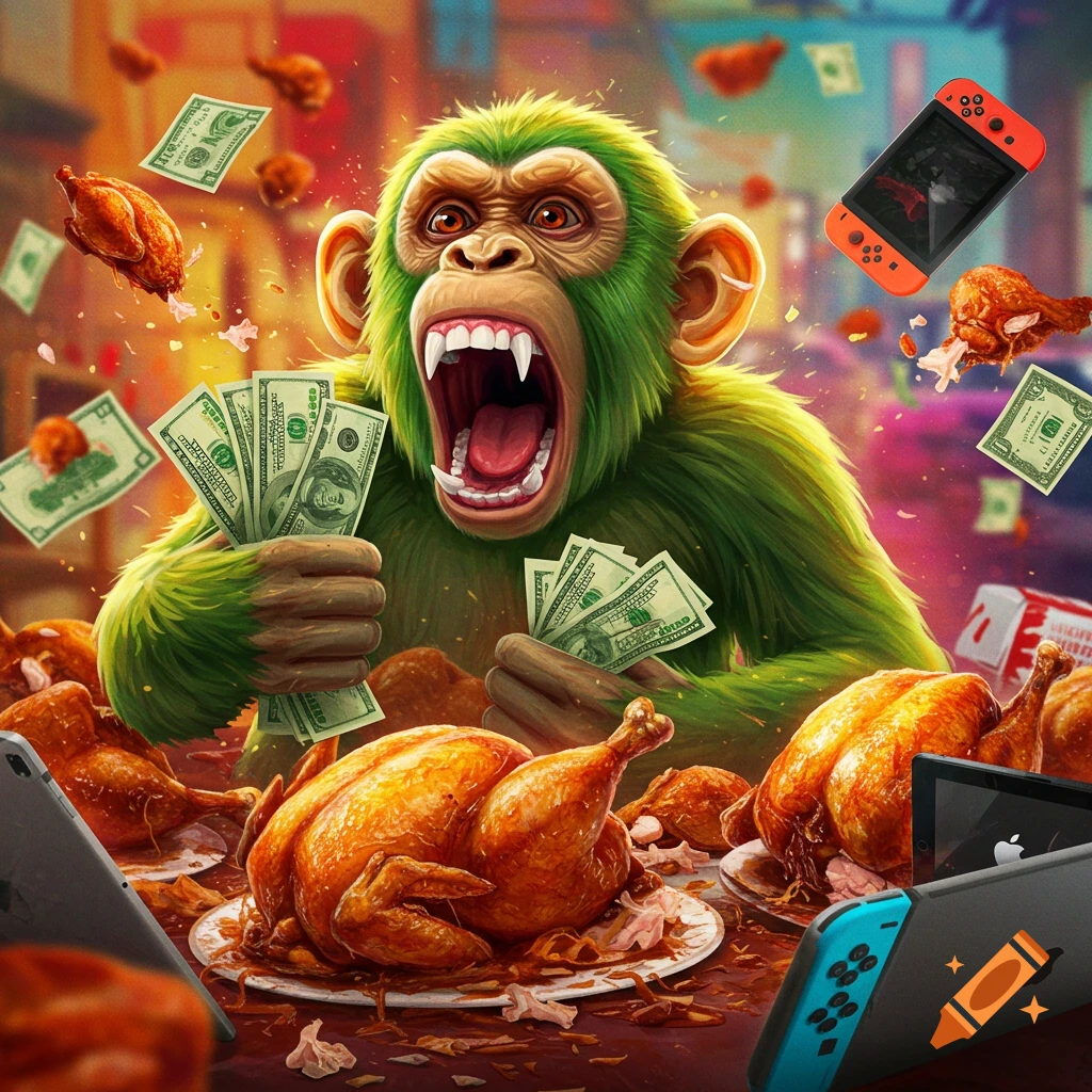 A screaming green monkey holds stacks of money surrounded by cooked chickens, iPads, and Switch consoles.