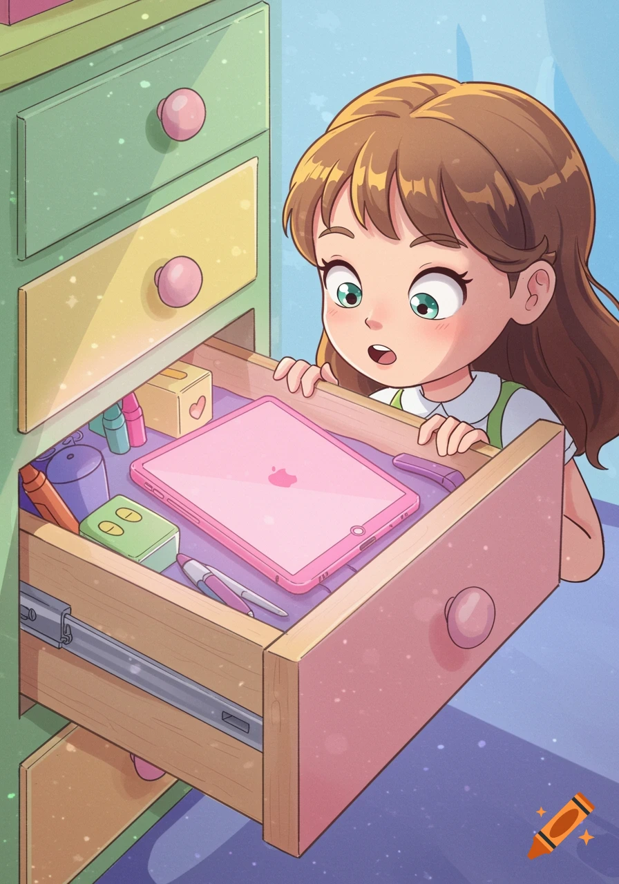 Cartoon girl looking surprised finding an iPad in a drawer
