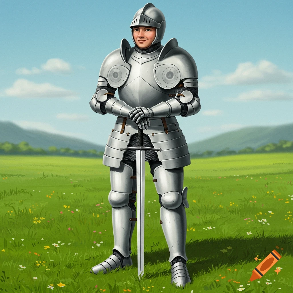 A knight in shining armor stands in a grassy field, holding a sword.