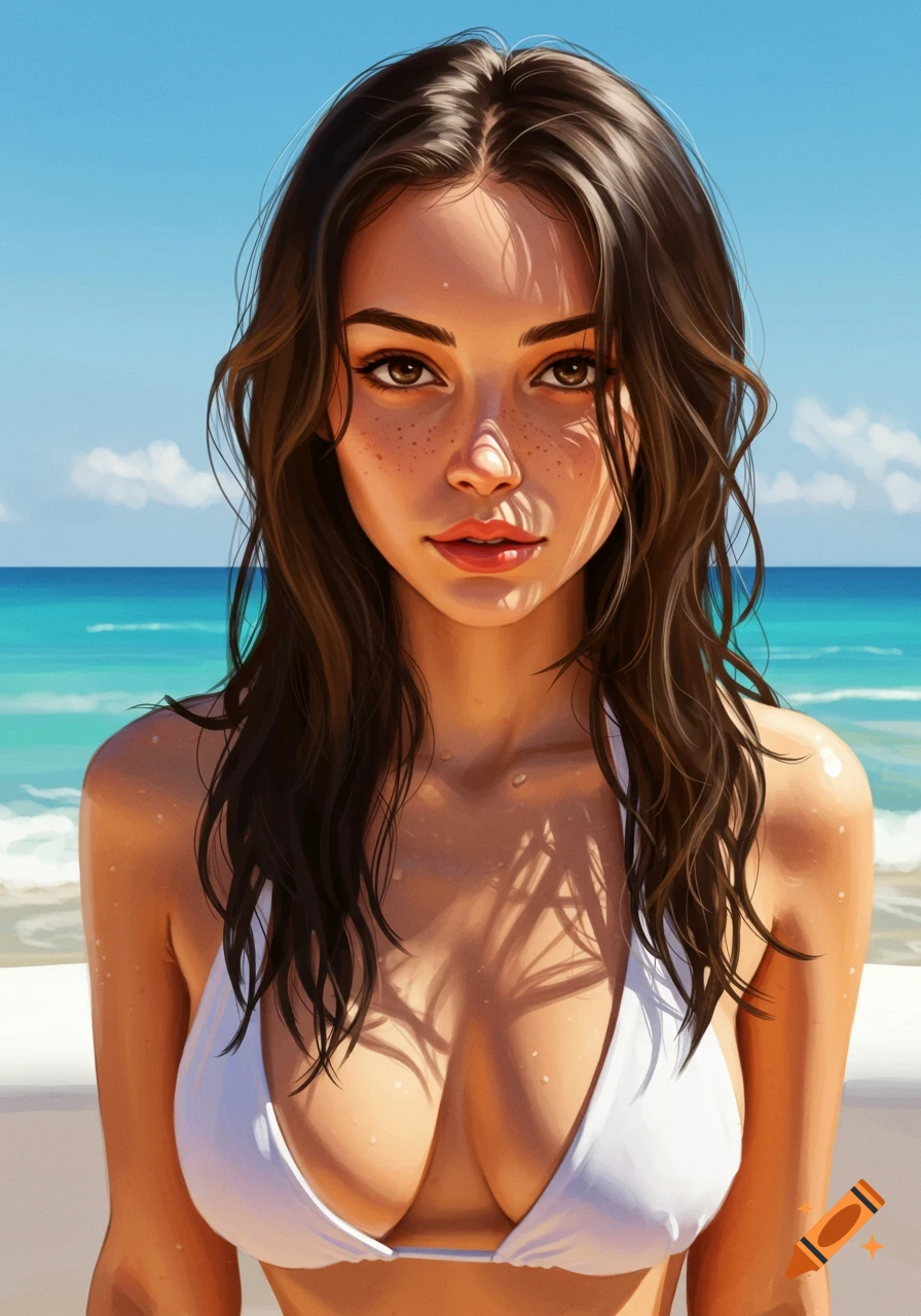 A digital art portrait of a woman with dark hair and freckles wearing a white bikini on a beach.