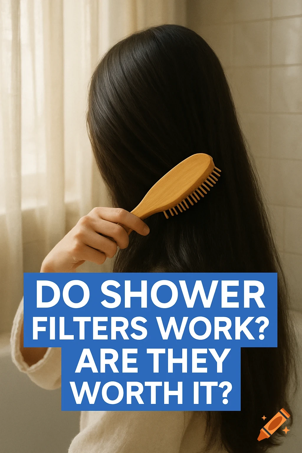 Person brushing long hair with a wooden brush, overlaid with text asking 'Do shower filters work? Are they worth it?'