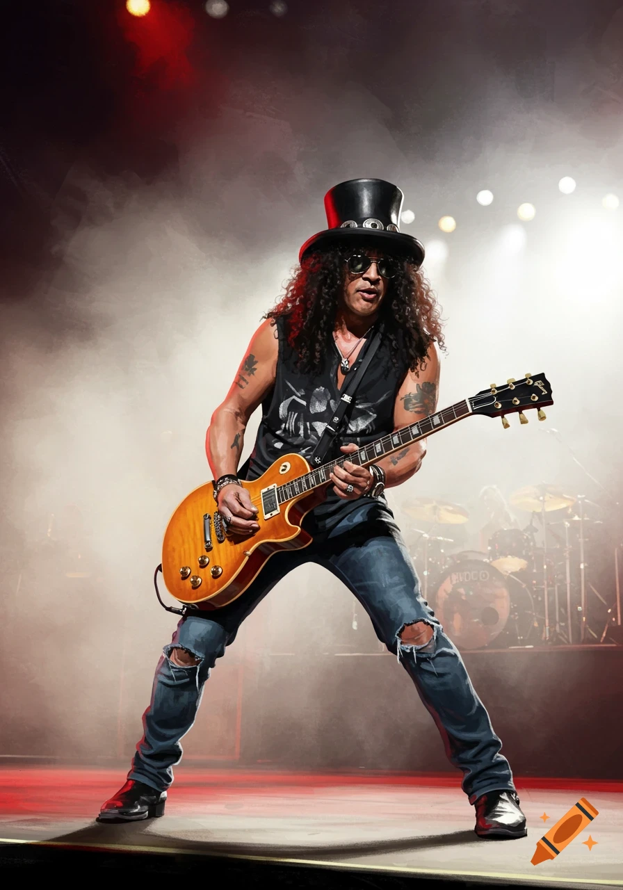 Musician with top hat and sunglasses playing guitar on a smoky stage.