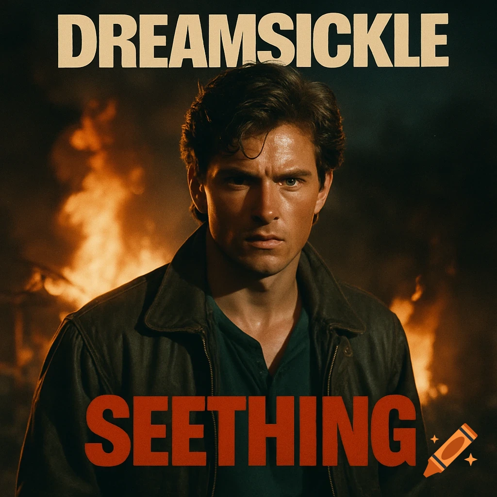 Dramatic 80s style album cover with a man in a leather jacket in front of fire, text reads DREAMSICKLE SEETHING.