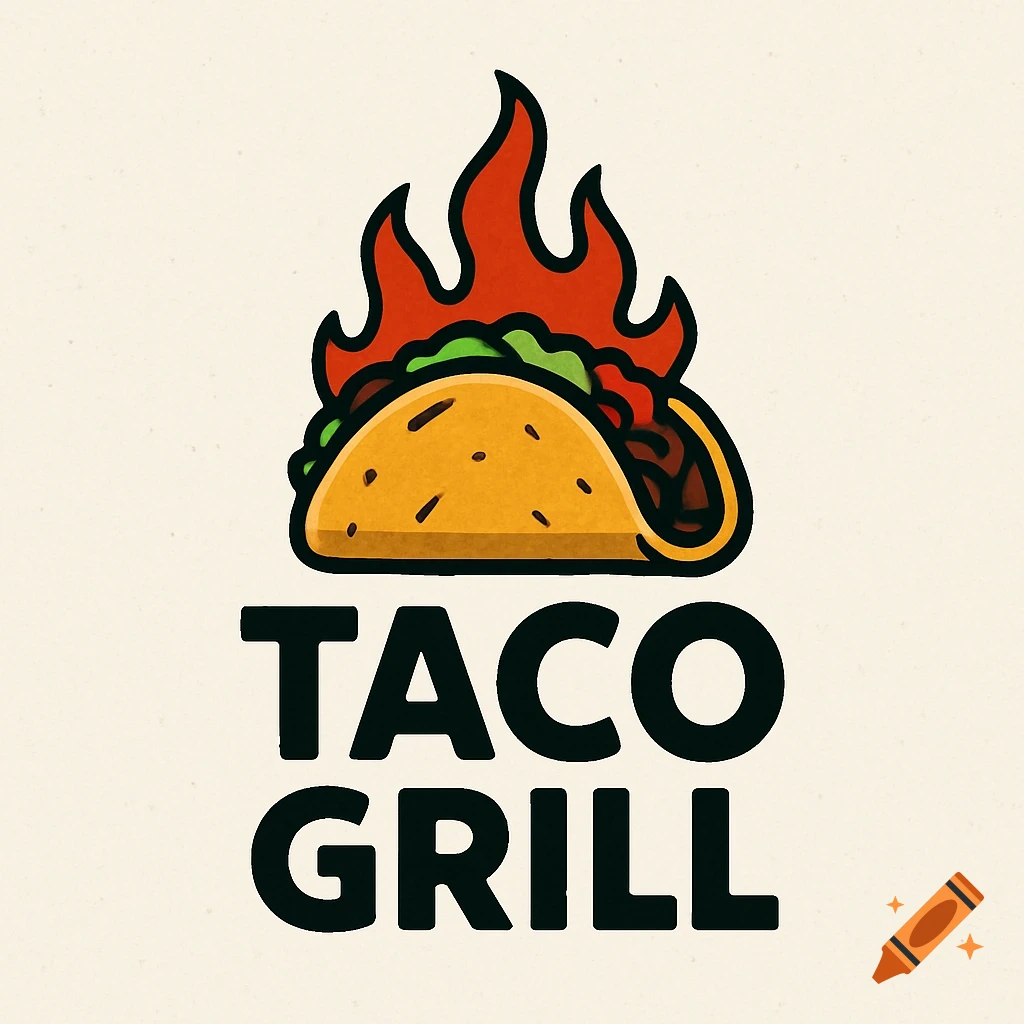 A stylized logo for Taco Grill featuring a flaming taco.
