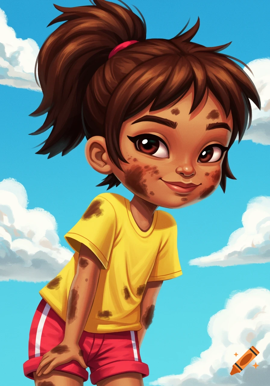 Cartoon girl with dirt on her face and clothes, wearing a yellow shirt and red shorts, under a blue sky.